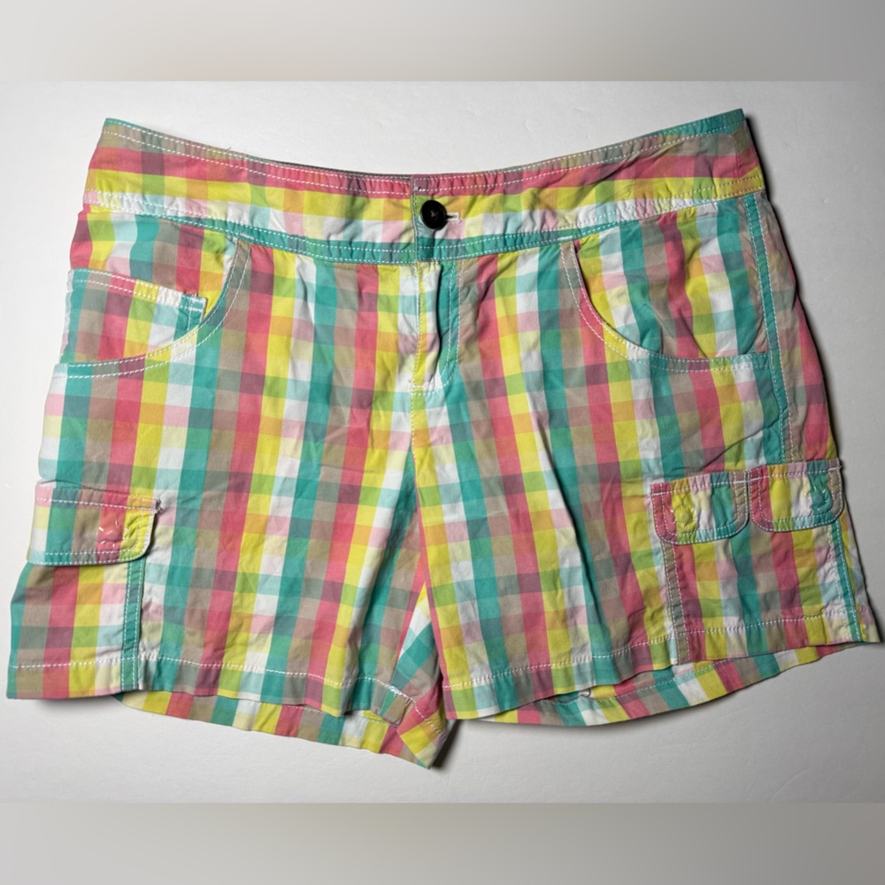 Lucy Size 8 Pastel Plaid Cargo Shorts - Yellow, Pink, Teal, Cream